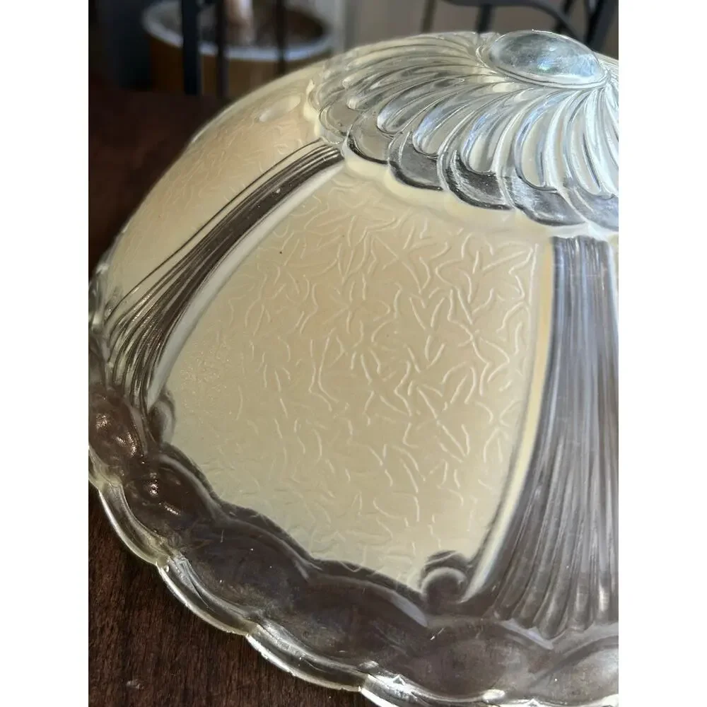 Vintage Art Deco Ceiling Clear & Creme Ornate Blown Glass Shade